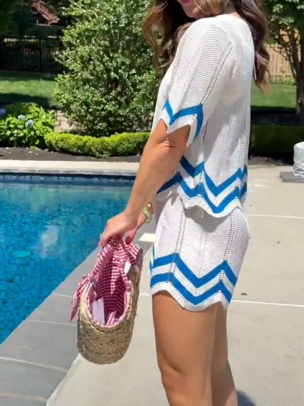 White Knit Two-Piece Set with Blue Chevron Trim🎆
